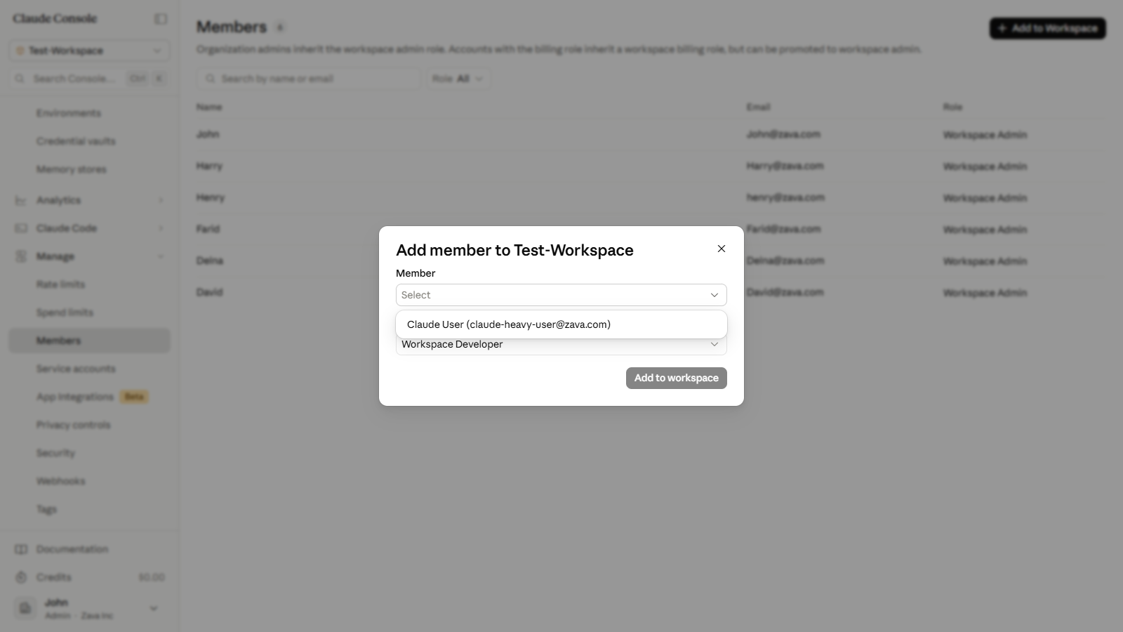 Add member dialog with the Member picker open