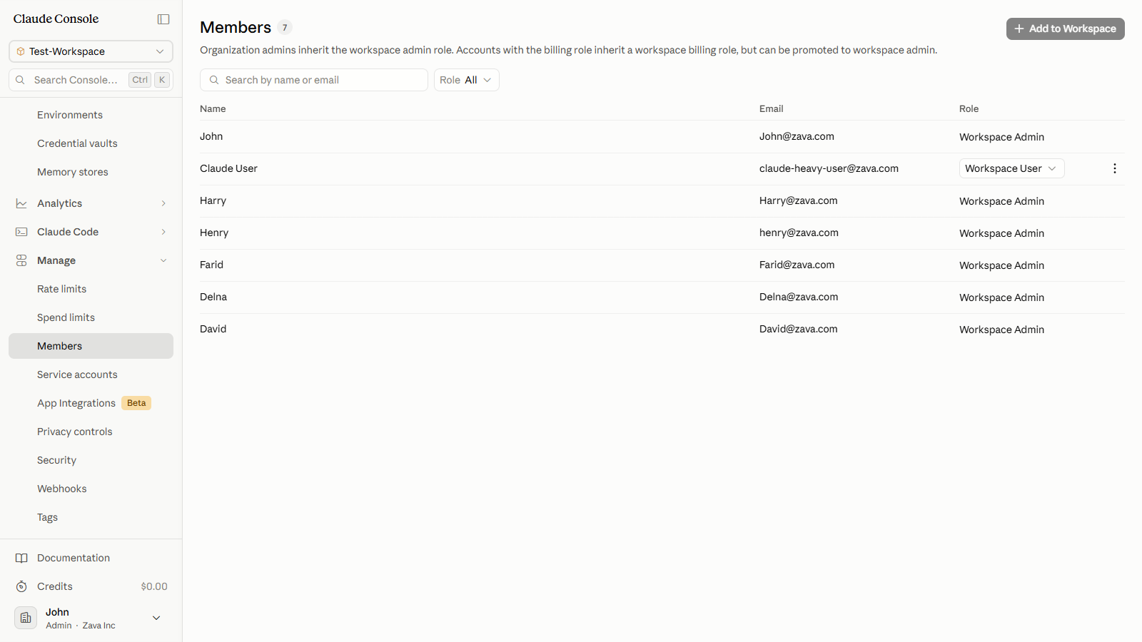 New member row confirmed in the workspace Members list