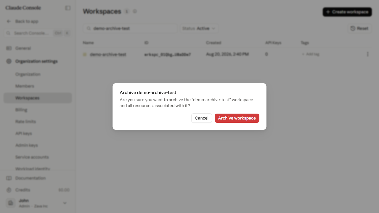 Confirmation dialog for archiving a workspace