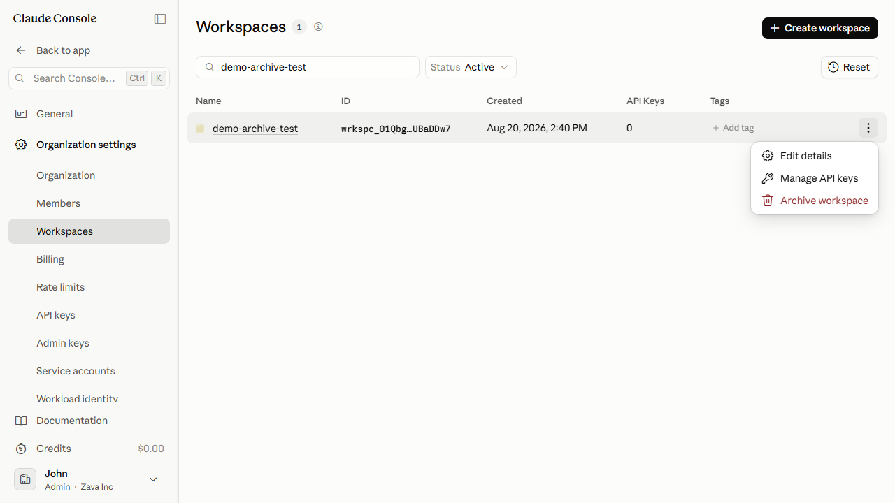 Archive workspace option in the row actions menu