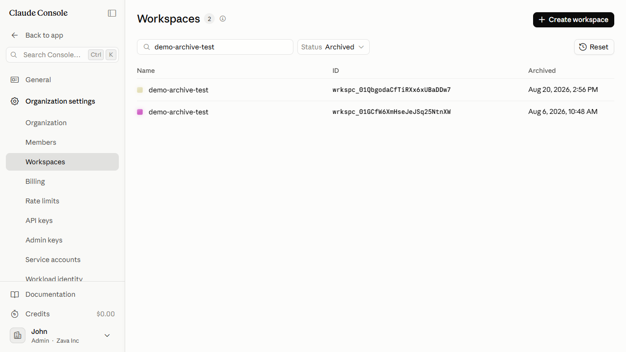 Workspace shown in the Archived list after archiving