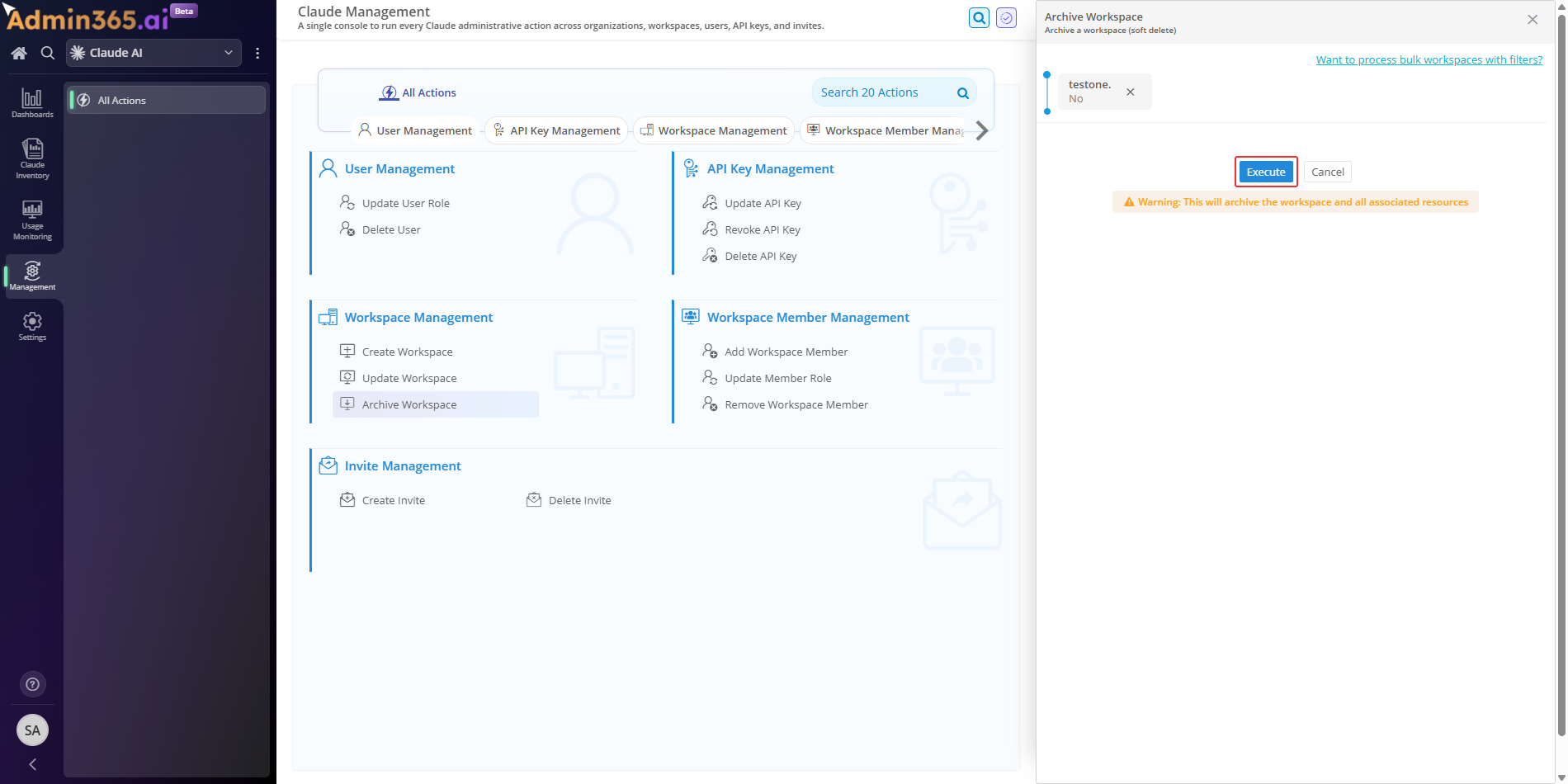 Admin365 Archive Workspace ready to execute