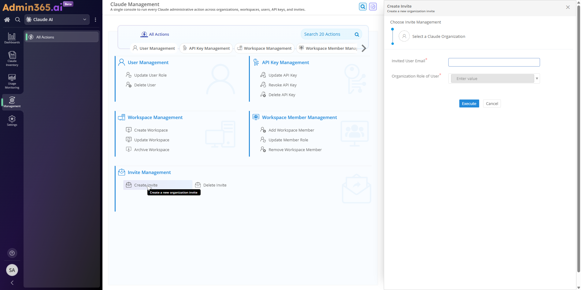 Admin365 Invite Management — Create Invite navigation