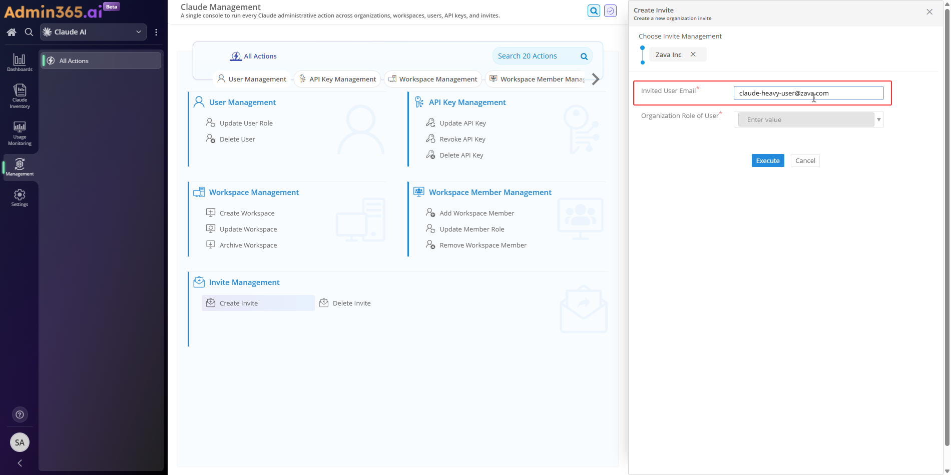 Admin365 Create Invite form with email address field