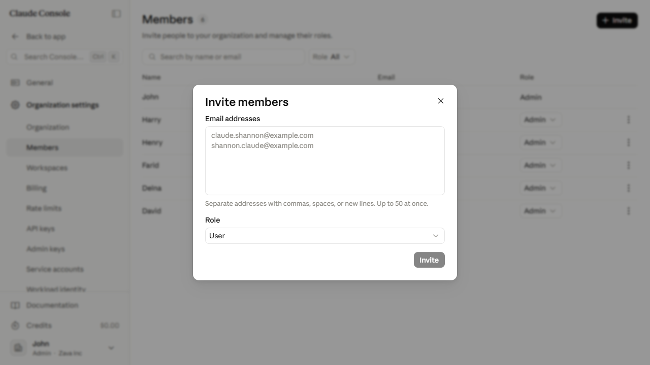 Invite members dialog open in the Claude Console
