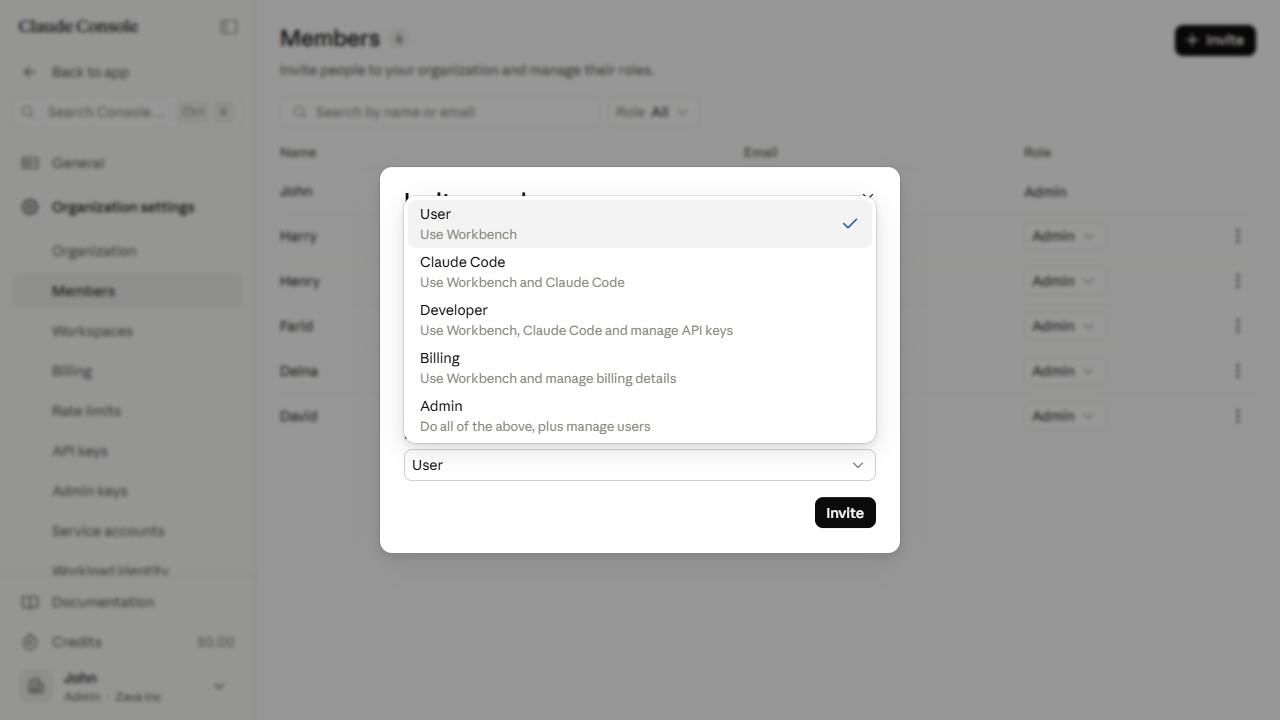 Role selected in the Invite members dialog in the Claude Console