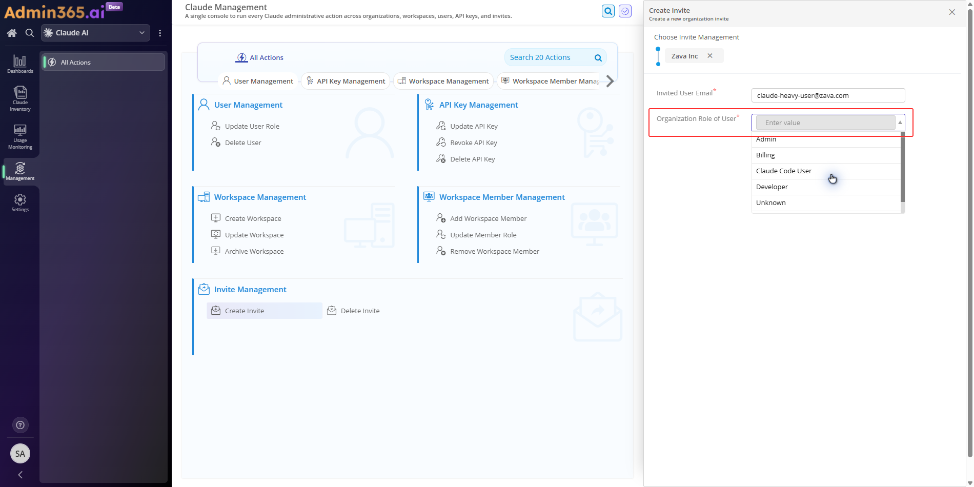 Admin365 Create Invite — Organization Role of User dropdown