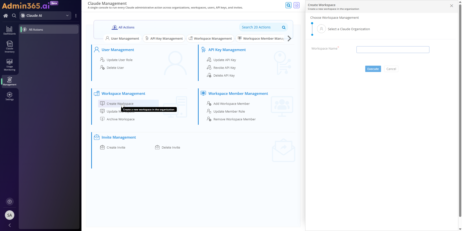 Admin365 Workspace Management area with Create Workspace button
