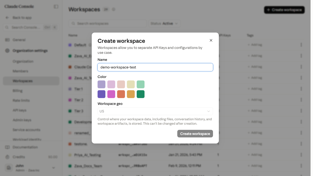 Create workspace dialog with Name, Color, and Workspace geo fields