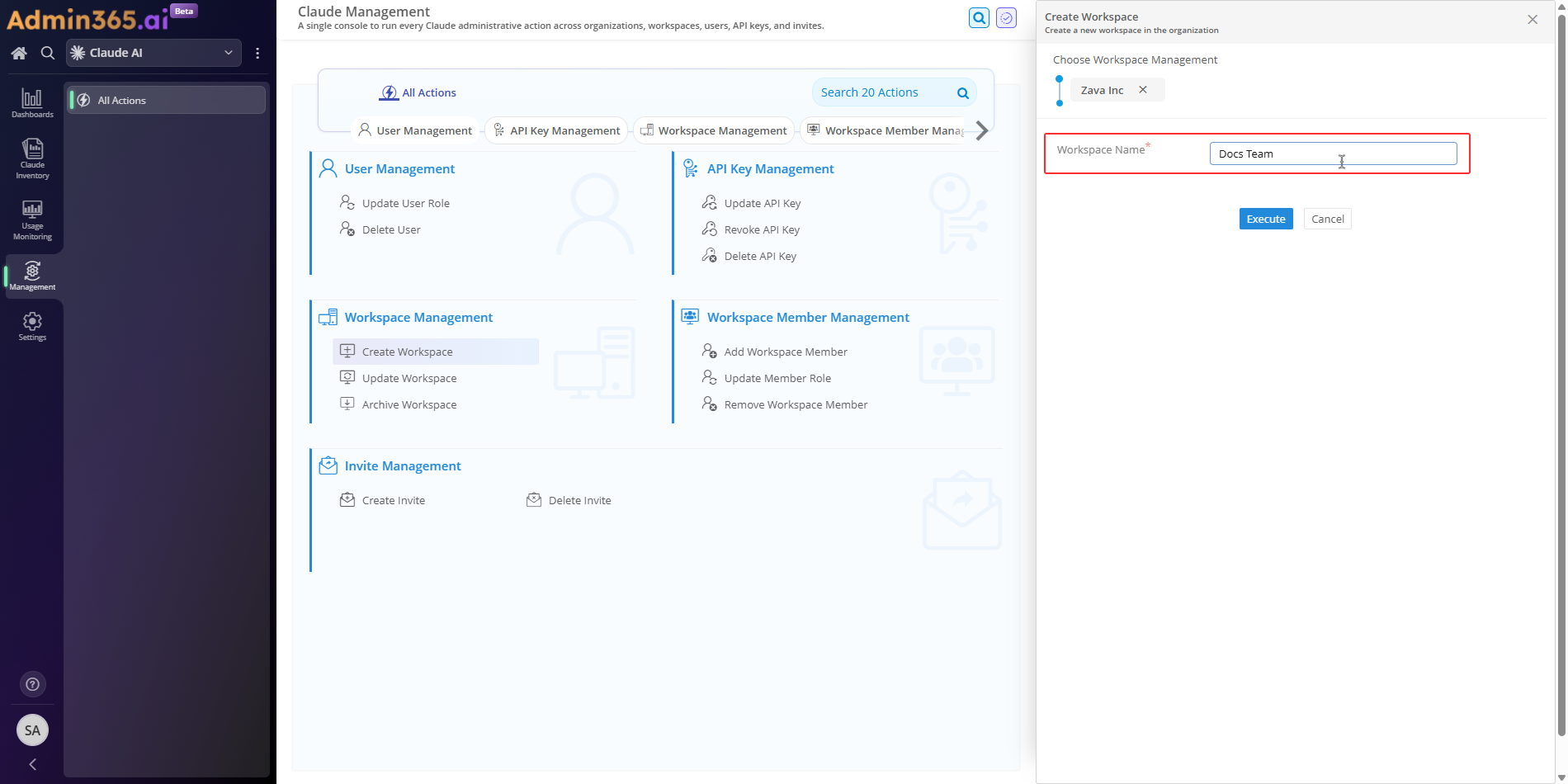 Admin365 Create Workspace form with Workspace Name field