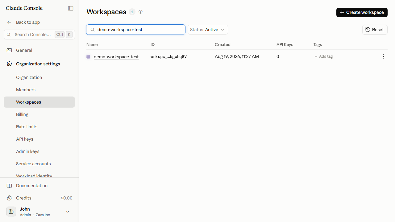New workspace added to the Workspaces list with workspace ID and zero API keys