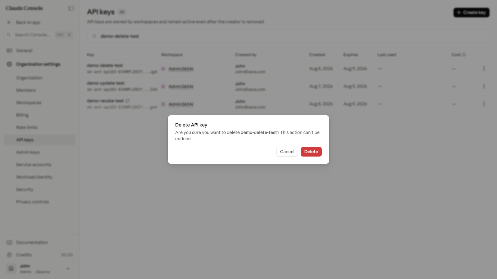 The delete confirmation dialog with a warning that the action cannot be undone