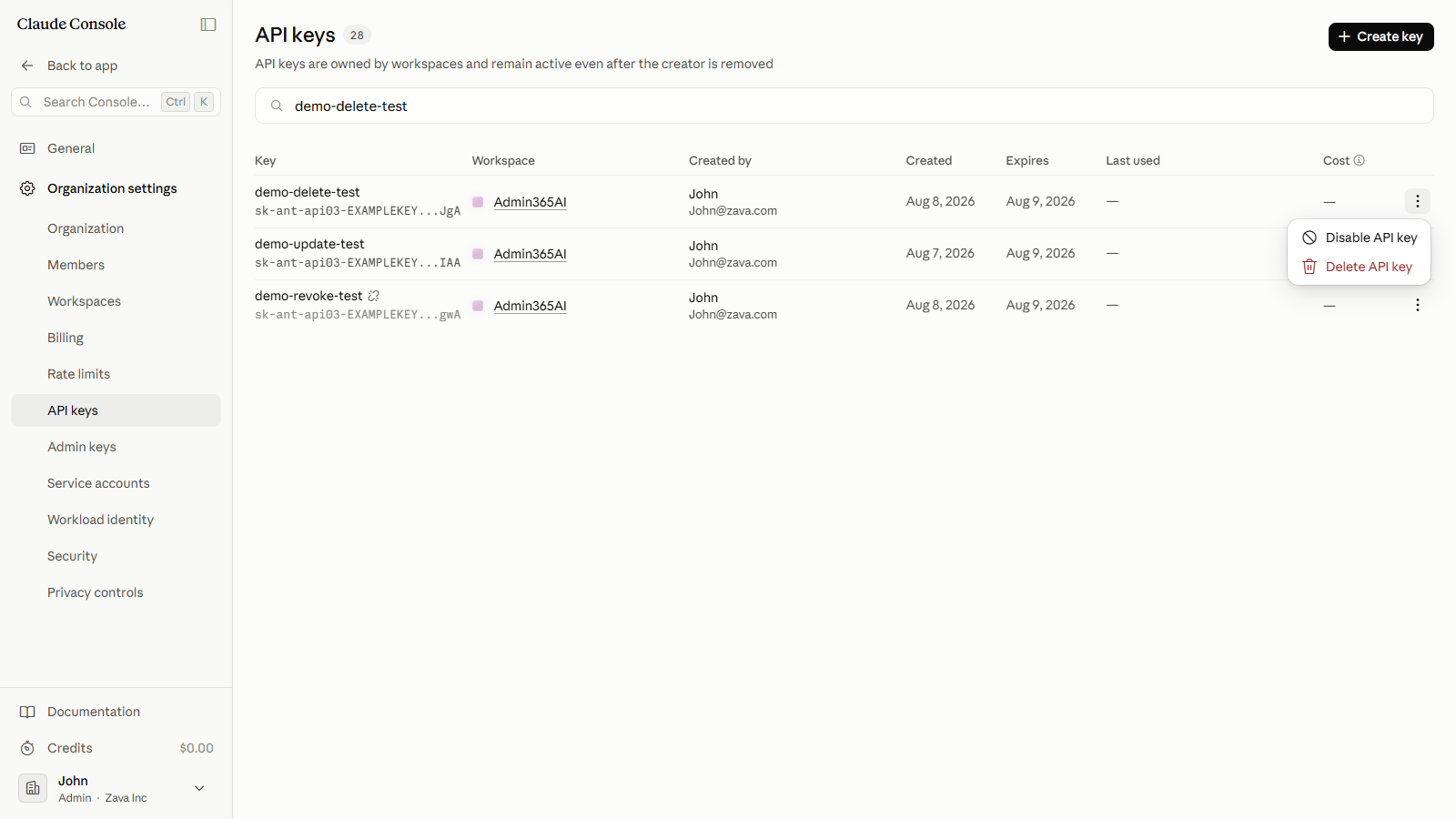 The More actions menu showing Disable API key and Delete API key options