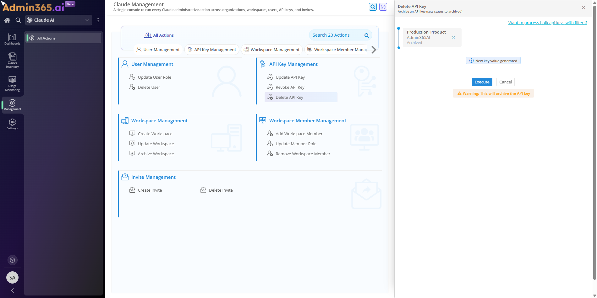 Admin365 ready to execute Delete API Key, showing the pre-execution review state