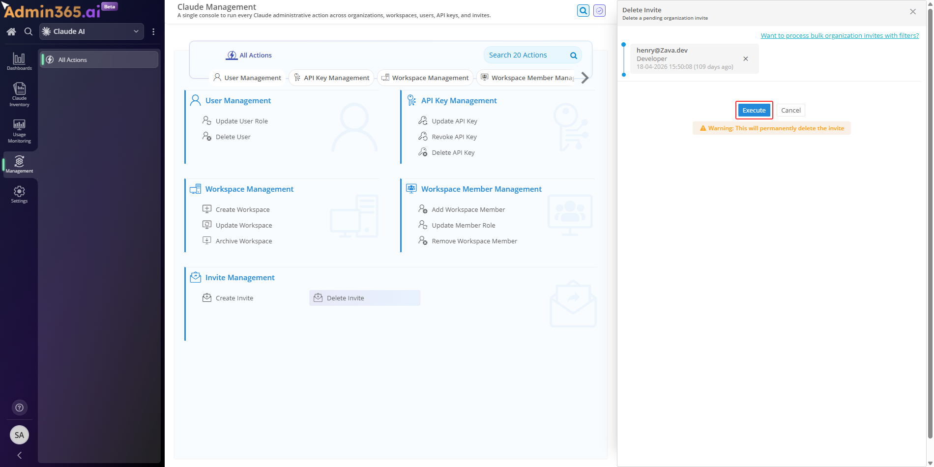 Admin365 Delete Invite action ready to execute with context fields set