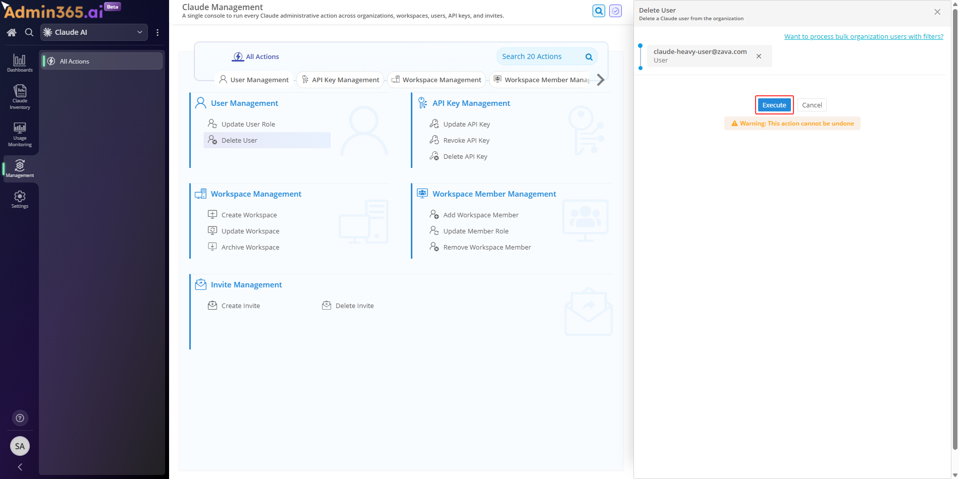 Admin365 Delete User in the ready-to-execute review state, flagged as a destructive action