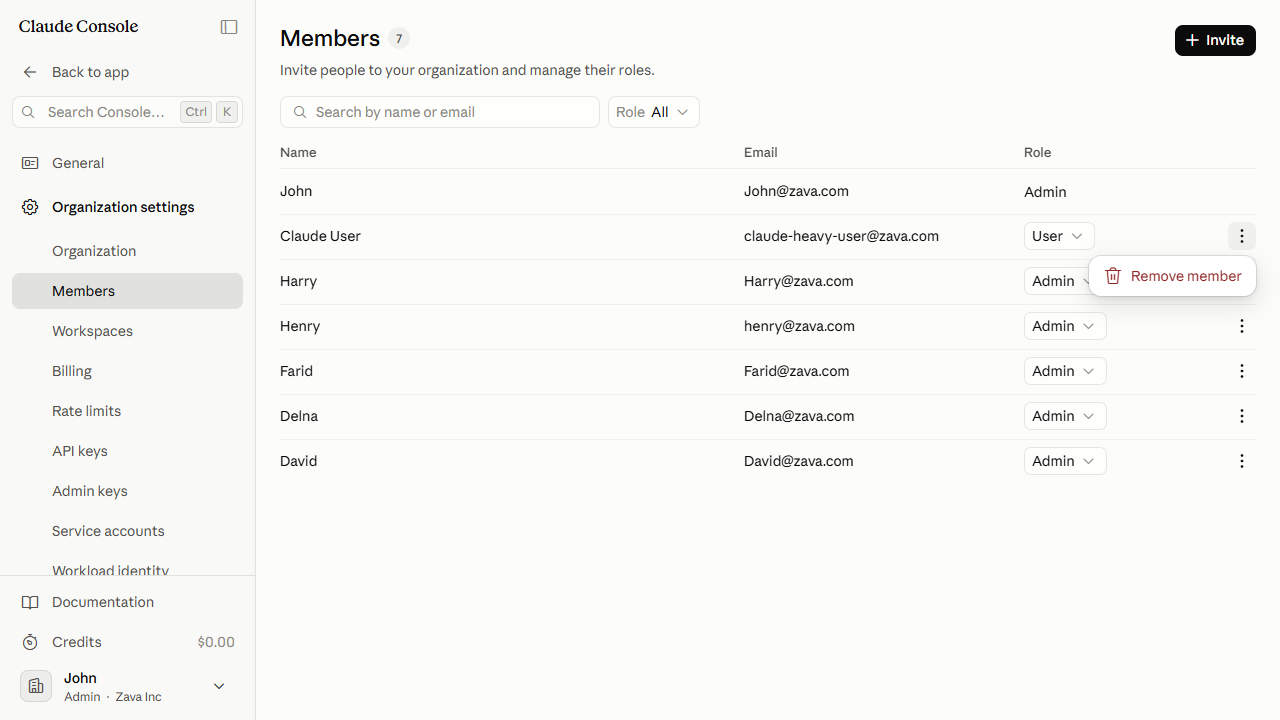 The More actions menu open on a member row, showing the Remove member option