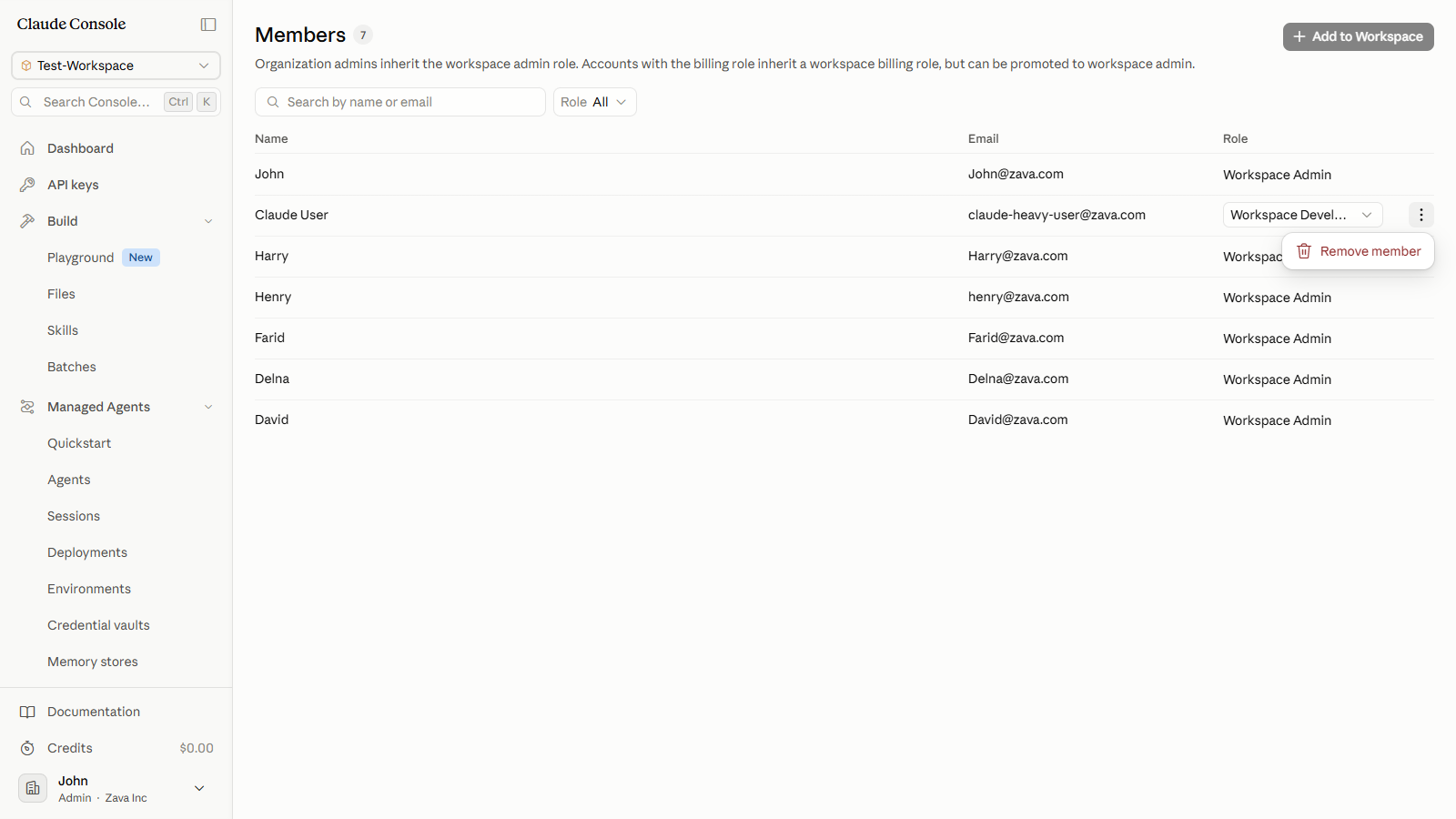 The workspace Members list with the More actions menu open, showing the Remove member option