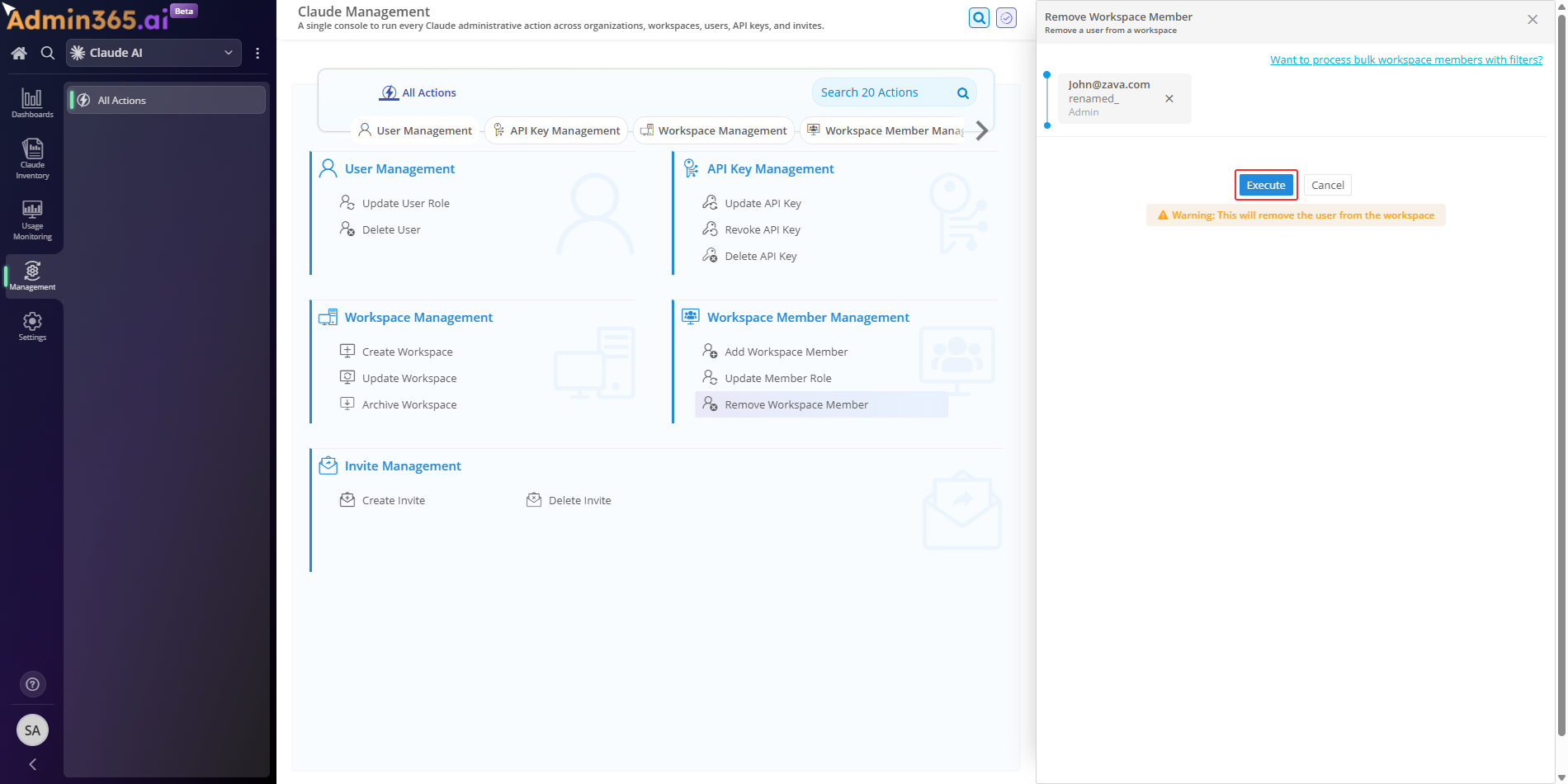 Admin365 Remove Workspace Member ready to execute, with the selected member and the removal warning shown