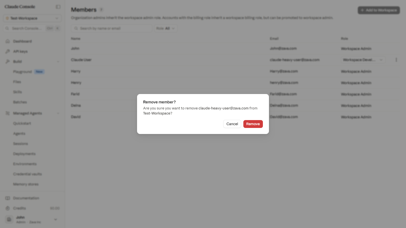 The Remove member confirmation dialog showing the member's email address