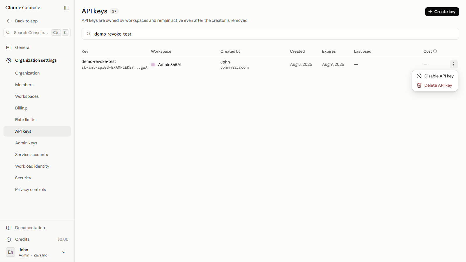 API key row with More actions menu open
