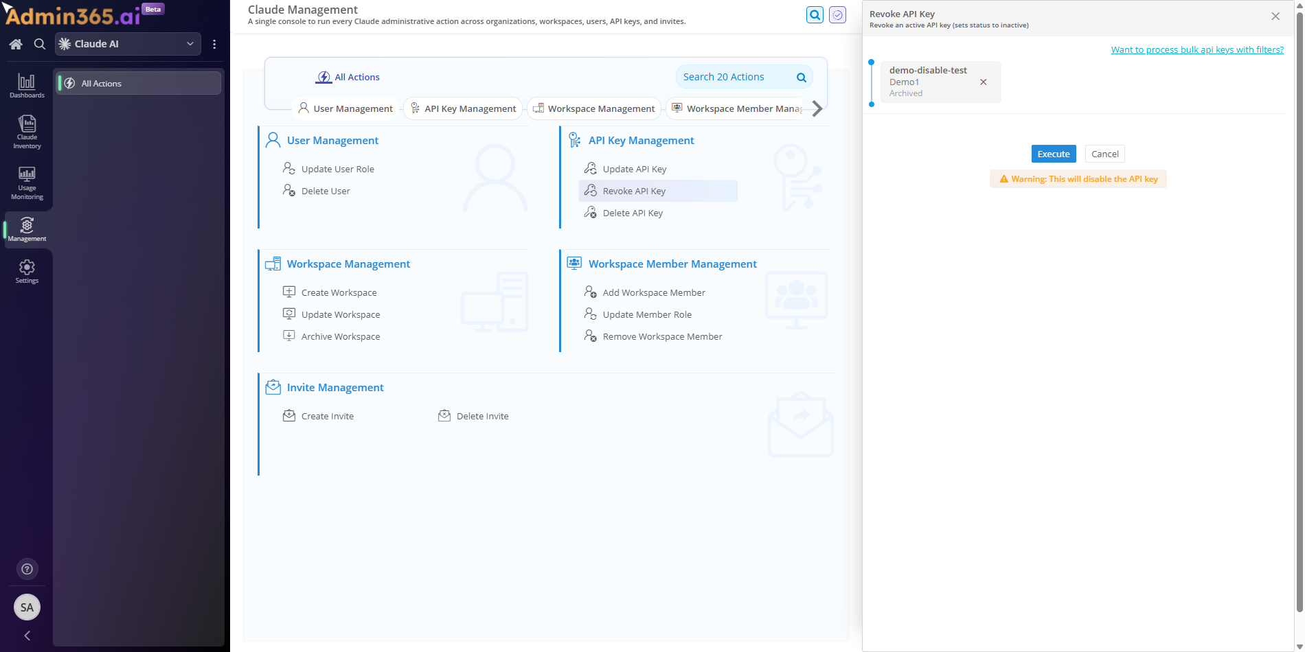 Revoke API Key ready to execute in Admin365