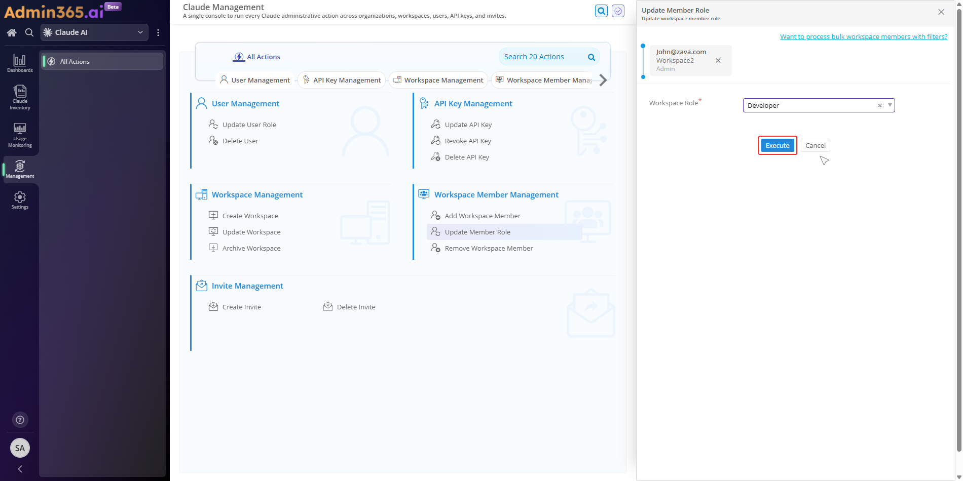 Admin365 action summary for Update Member Role, paused at the review screen before execution