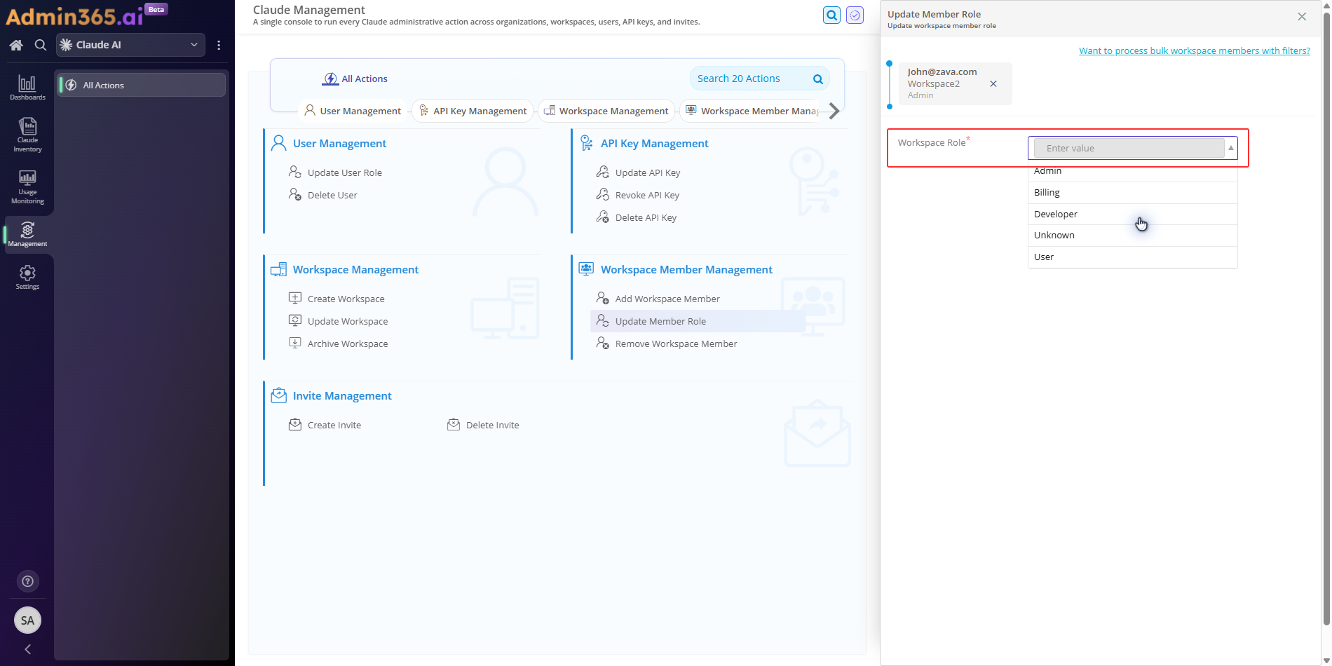 Workspace Role field with Developer selected in the Admin365 action form