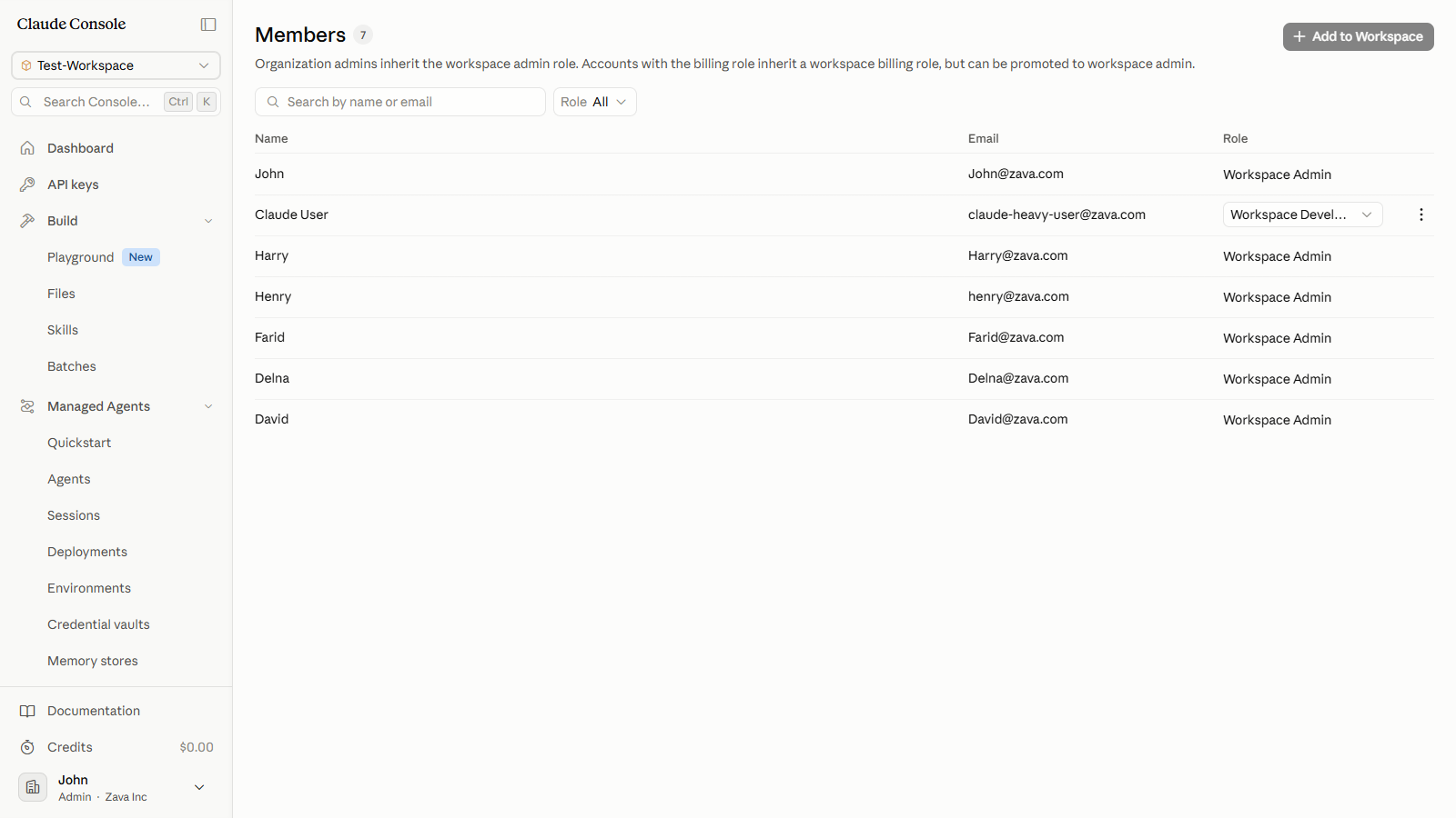 Workspace Members list showing each member's name, email, and role in the Role column