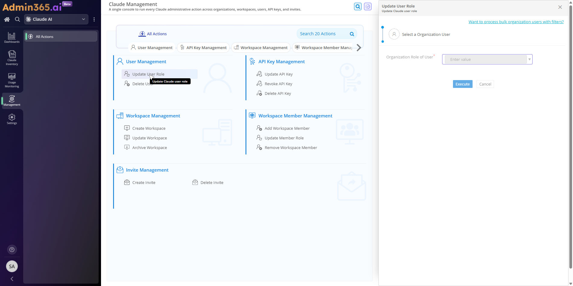 Admin365 User Management with Update User Role highlighted