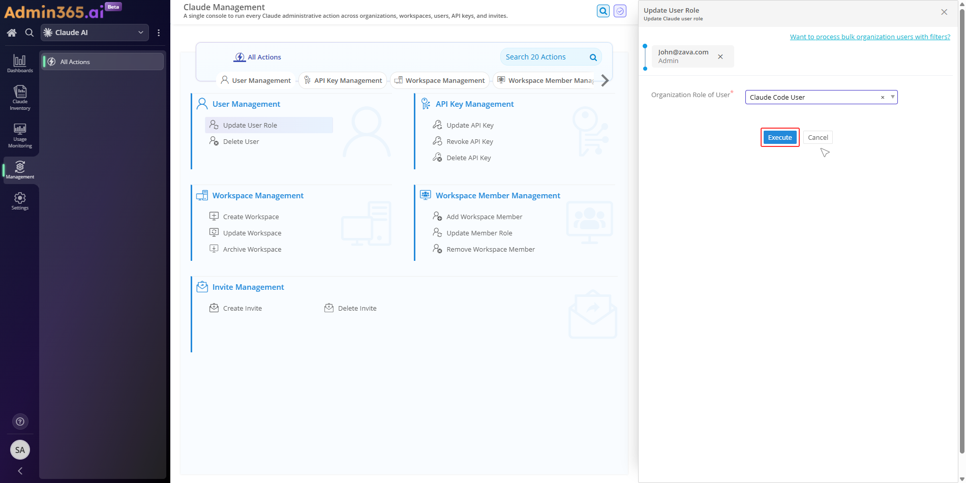 Update User Role form ready to execute in Admin365