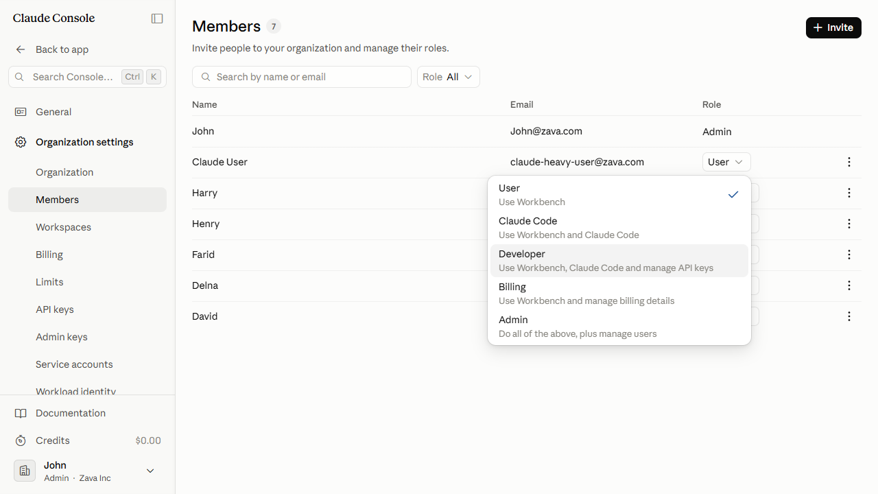 Role options dropdown on the Members page