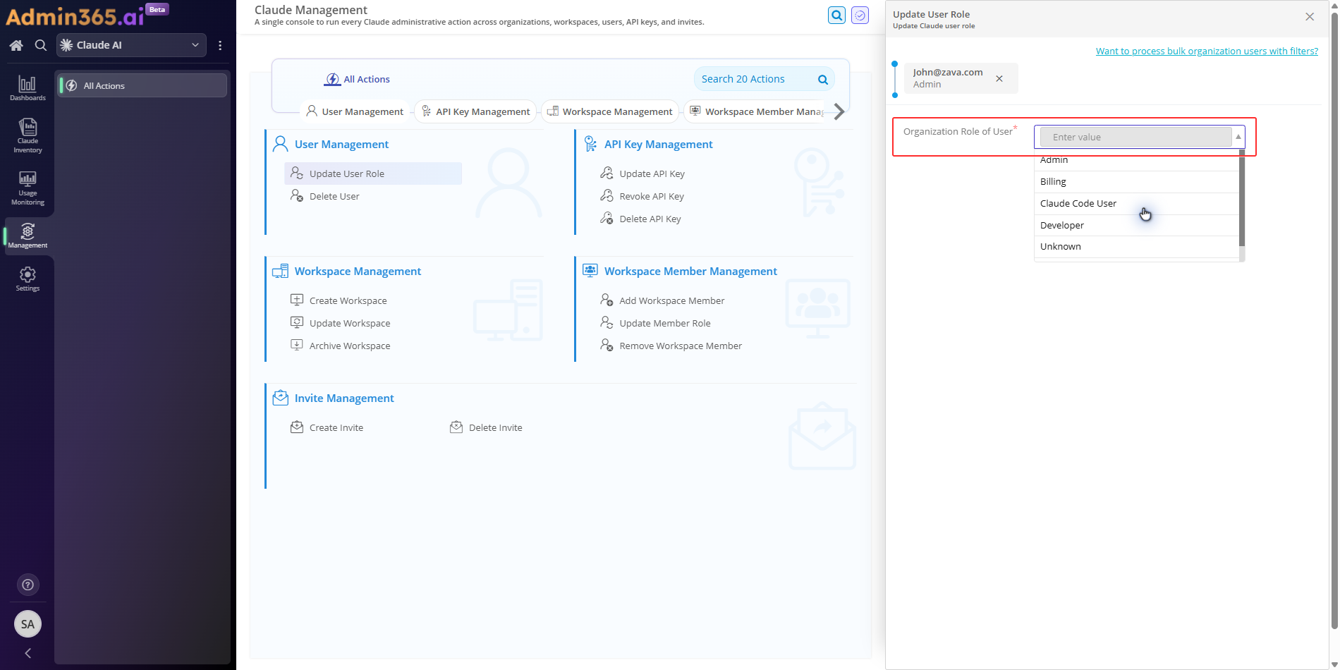 Organization Role of User dropdown with Claude Code User selected