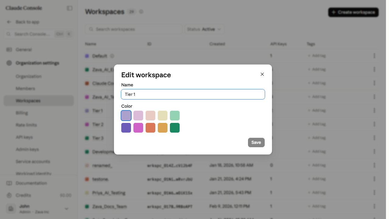 Edit workspace dialog with the Name field and Color tiles