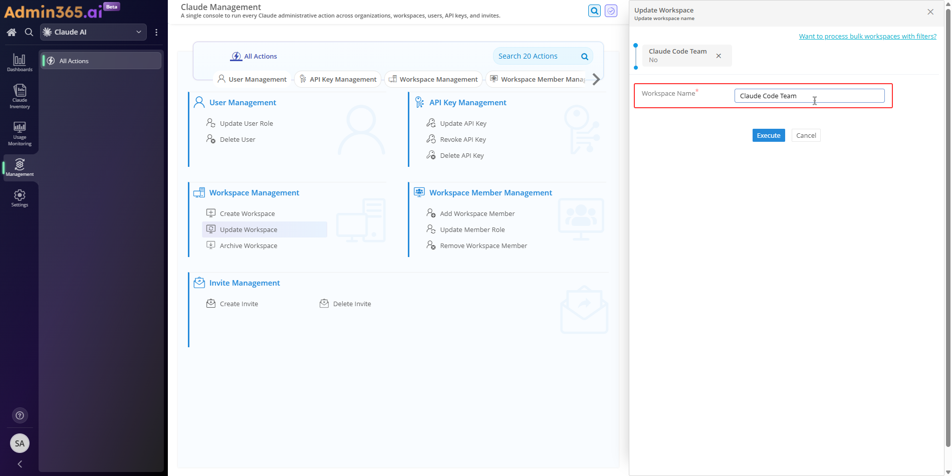 Workspace Name field with the new name entered