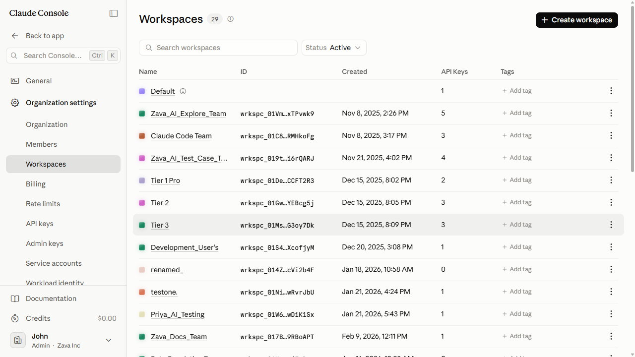 Workspaces list showing the updated workspace name